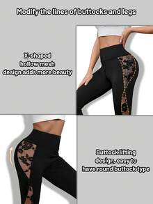 1 Stück Frühling/Sommer/Herbst/Winter neue Yoga 3/4 Leggings, Blumen Netz Patchwork mit geraffter Taille, atmungsaktive Casual Sportbekleidung Strumpfhose Schwarz - Schwarz - Übersicht 4