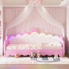 Twin Extending Daybed With LED Lights, Modern Upholstered Princess Daybed With Crown Headboard,Pink-1287 - Multicolor - View 2