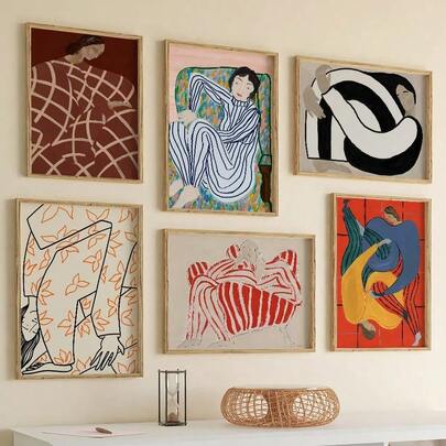 抽象人物线条条纹女孩彩色墙面艺术帆布画海报和印刷品酒店酒吧图片适用于客厅装饰可选框架