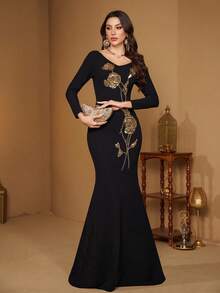 SUPGIR Women's V-Neck Long Sleeve Sequin Embroidery Slim-Fitting Butt-Hugging Mermaid Hem Knit Burlap Elegant Evening Dress - màu đen - Xem 2