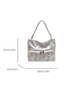 Vintage High-End Oil-Waxed Leather Tote Bag, Chic&Versatile, Large Capacity Casual Shoulder & Crossbody Bag For Women - Silver - View 11