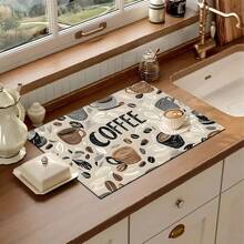 1 pieza Alfombrilla absorbente para secar platos en la encimera de la cocina con estampado de taza de café, esconde las manchas, base de silicona suave antideslizante