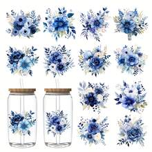 12 Sheets Blue Rose Style UV DTF Cup Transfer Paper, Suitable For 16oz Glass Coffee Cups, Blue Rose Style UV DTF Transfer Paper For Water Bottles, Creative Crafts And Gift - Multicolor - View 2