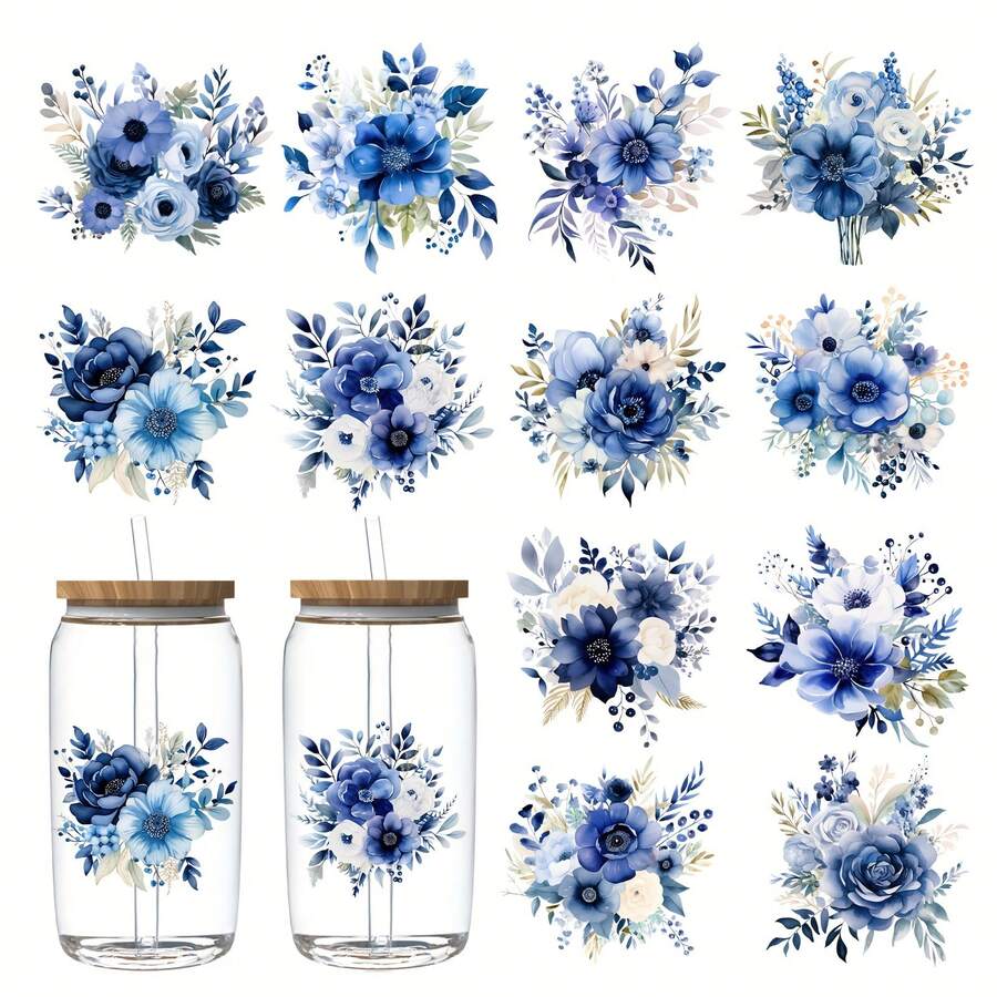 12 Sheets Blue Rose Style UV DTF Cup Transfer Paper, Suitable For 16oz Glass Coffee Cups, Blue Rose Style UV DTF Transfer Paper For Water Bottles, Creative Crafts And Gift