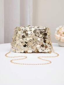 1pc Gold Glitter PVC Women One Shoulder Diagonal Cross-Body Bag, Holiday Essentials Gold Bag - Gold - View 1