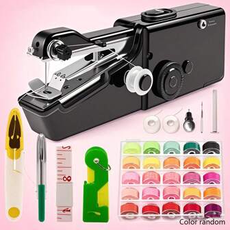 1 Set handgehaltene Haushaltsnähmaschinen Kit, enthält 25 Stück Spulen Nähgarn, Schere, Einfädler, Lineal (zufällige Accessoire Farbe)