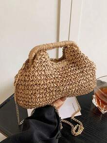 Fashionable Woven Handbag,Minimalist Design, Suitable For Spring/Summer Vacation, Beach, Stylish Shoulder Bag - Khaki - View 1