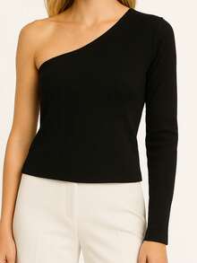 CROPPED NULA MANGA LONGA RIBANA  Simples    Casual    Poliéster    Malhado    Noite  Escritório - Preto - Visão 2