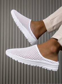 Women's Breathable Mesh Slip-On Mules Sneakers - Lightweight Flat Casual Shoes With Hexagonal Pattern, White Fabric Upper & MD Sole For Indoor/Outdoor Use