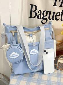 可爱女孩单肩包，大容量手提包，韩版风格，适合初高中学生 - 藍色 - 查看 4