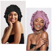 Arqumi 2 Pcs Satin Silk Bonnet Sleeping Women, Large Long Strap Tie Band Adjustable Sleep Night Cap Hair Bonnet Wrap Men, Black+Purple - Black+Leather Red - View 5