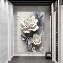 1 pezzo Elegante opera d'arte su tela con rosa bianca, pittura su tela, decorazione per la casa, decorazione per stanza, opera d'arte da parete, con opzione di cornice