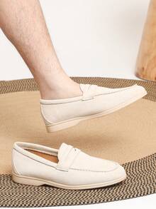 男士一脚蹬乐福鞋圆头，2025春夏新款百搭男士休闲鞋，商务正装工作鞋，英伦风乐福鞋，平底，舒适，透气，手工制作，大码43-46（小半码） - 米色 - 查看 3