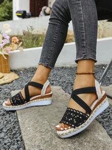 Sandalias de plataforma con cuña para mujer para el verano, de estilo versátil y casual con un diseño de correa de paja tejida con encaje de 2025, de gran tamaño, con estampado floral, elásticas y transpirables