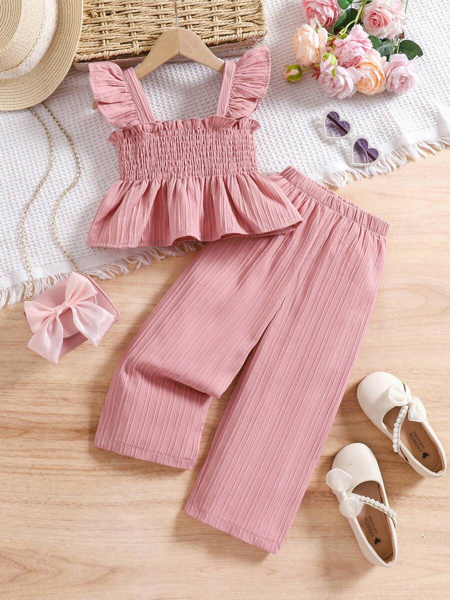 Set de 2 piezas de top de tirantes rosa y pantalones para niñas, para verano - Rosa - Ver 1