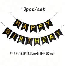 1 套黑色生日快乐纸质彩旗，带金箔字母，现代金属字母图形挂饰，适合生日派对，黑色和金色生日装饰，适合室内悬挂，摄影道具 - 彩色 - 查看 3