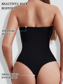 Black Thong Shapewear For Women Tummy Control Strapless Bodysuit Seamless With Button Body Suit - Black - View 2