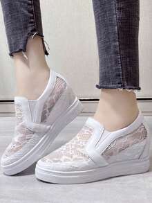 夏季蕾丝网眼一脚蹬厚底运动鞋，透气、百搭、舒适柔软的鞋底 - 白色 - 查看 3