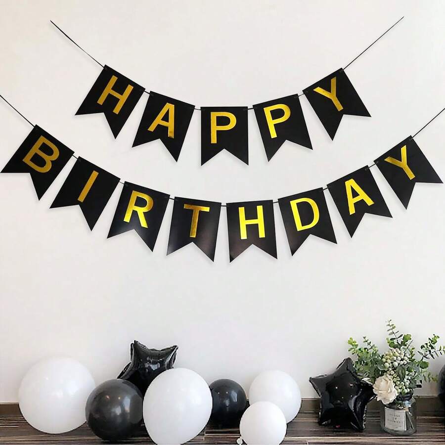 1 套黑色生日快乐纸质彩旗,带金箔字母,现代金属字母图形挂饰,适合生日派对,黑色和金色生日装饰,适合室内悬挂,摄影道具 - 彩色 - 查看 1