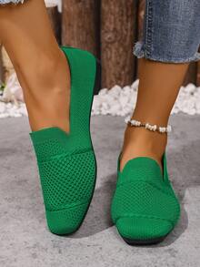 Women's Knitted Flat Square Toe Loafers, Comfortable Breathable Mom Shoes, Spring And Autumn - Green - View 4