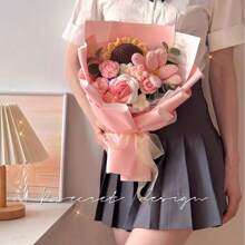 1pc Romantic Knit Flower Bouquet, Practical Yarn Tulips And Roses Bouquet Gift For Girlfriends, Useful Birthday Present