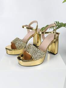 Nuevas sandalias sexy para mujer con puntera abierta, puntera cuadrada, correa, lentejuelas y suela gruesa. Para uso en exteriores durante el verano, elegante para vestido de fiesta y vestido de gala. Hermoso tacón grueso y plataforma de súper tacón alto