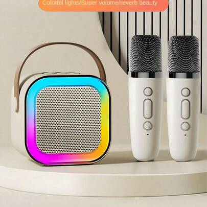 1 件迷你卡拉 OK 机，带 2 个无线麦克风，便携式无线 RGB 灯扬声器套装，家用卡拉 OK 机，便携式手持卡拉 OK 麦克风扬声器，适用于家庭聚会、宿舍、返校必备品、学校活动、课堂互动、学生礼物、音乐课、氛围增强玩具