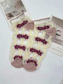 5 Pairs (Random Assortment) Women's Cartoon Bear & Ditsy Floral Pattern Elegant & Sweet Glass Silk Short Socks, Breathable Casual Wear Suitable For Spring/Summer - Multicolor - View 3