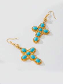 1 par de aretes con dije de cruz de aleación de oro con incrustación de turquesa verde, elegantes y adecuados para el Día de la Ascensión y uso diario de las mujeres