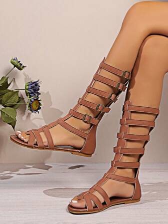 1 Pair Women's Punk Style 2025 Spring/Summer Flat Roman Sandals, Women's Open Toe High Shaft Flat Belt Buckle Back Zipper Long Boots, Roman Fishmouth Ankle Boots