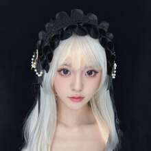 1 szt. opaska do włosów w stylu Lolita – zdobiona kokardką z krzyżykiem i koronką, regulowana opaska do włosów w stylu anime cosplay dla kobiet, vintage'owy gotycki leśny strój pokojówki Kawaii (czarny/różowy), uroczy dodatek do włosów na Halloween