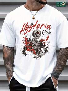 "Unisex 100% Cotton Round Neck Short - Sleeve T - Shirt - Edgy 'Hysteria Club' Skeleton Graphic For Summer Men's Tops" - 白色 - 查看 1