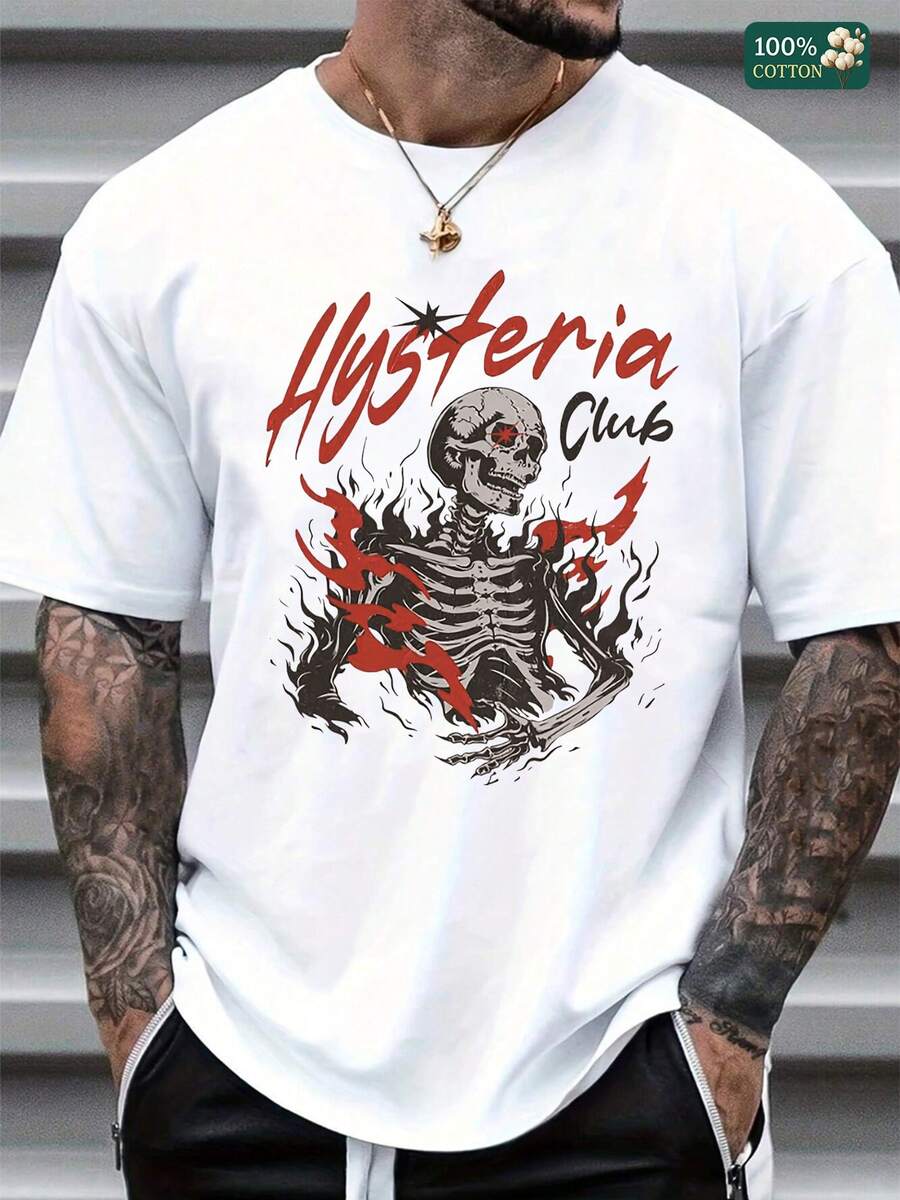 "Unisex 100% Cotton Round Neck Short - Sleeve T - Shirt - Edgy 'Hysteria Club' Skeleton Graphic For Summer Men's Tops" - 白色 - 查看 1