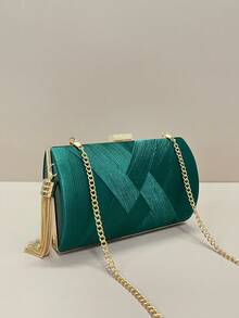 优雅编织晚装手拿包，金色手提包，正式晚装包，适合正式礼服、冬季庆典、派对、圣诞节活动、婚礼 - 含可拆卸链条 - 墨綠色 - 查看 3