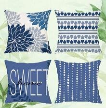 The Latest Best-Selling Blue Geometric Flower Series Pillowcases, 4-Piece Polyester Short Plush Sofa Cushion Set (Without Pillow Core)