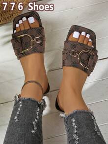 女士水钻链条装饰平底拖鞋，时尚露趾圆头防滑拖鞋，户外拖鞋，白色凉鞋，黑色凉鞋，橙色凉鞋。婚鞋。万圣节。节日必备 - 咖啡棕 - 查看 7