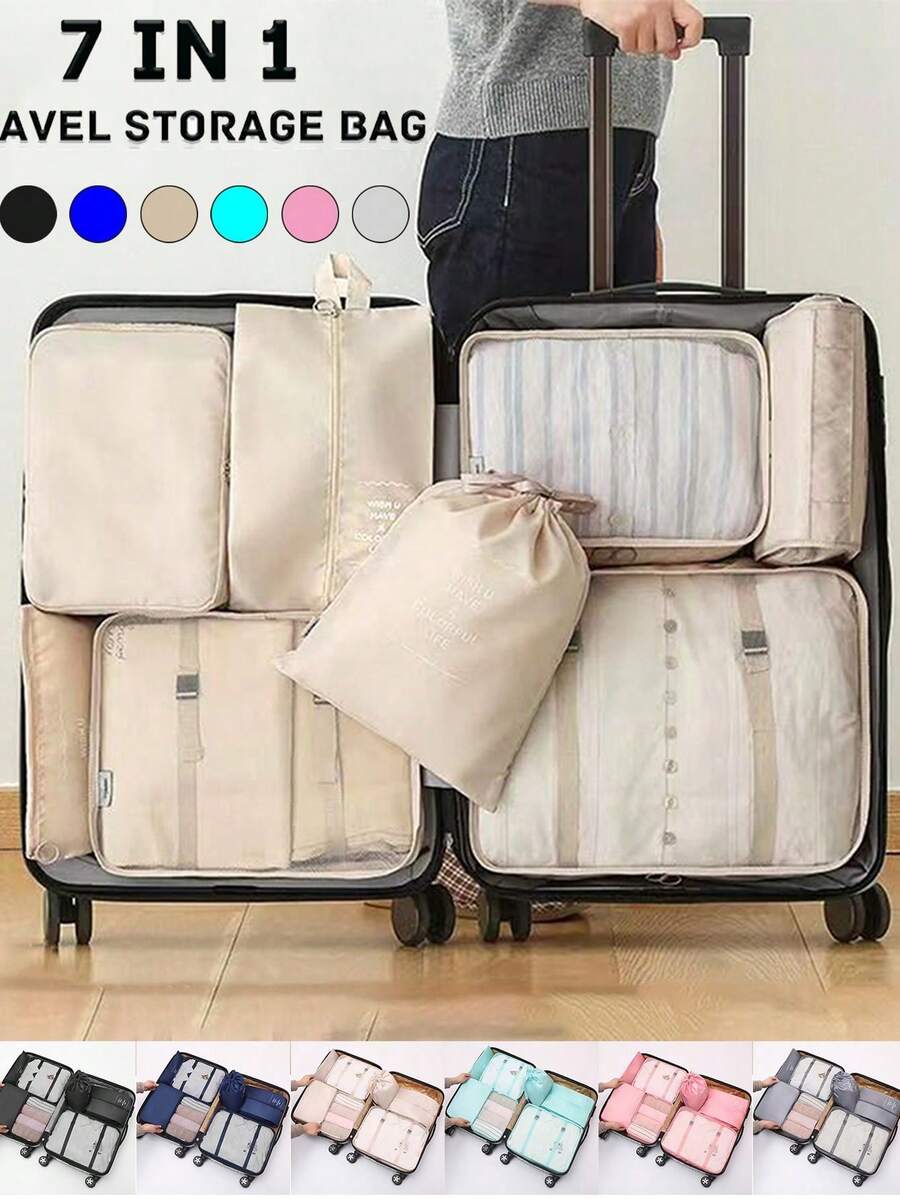 Set de 7 piezas de organizador de viaje, bolsa de cosméticos de verano, bolsa organizadora plegable y portátil que incluye bolsa para ropa, bolsa para ropa interior, bolsa para zapatos, bolsa de aseo con separación húmeda y seca, adecuada para ropa, lencería, zapatos, cosméticos, productos de cuidado de la piel, playa, luna de miel, boda