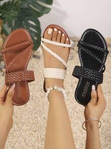 Sandalias planas con tira entre los dedos para mujeres, estilo juvenil europeo y americano, unicolor, diseño sencillo de trenzado, moda versátil, ligeras, chanclas de playa para vacaciones