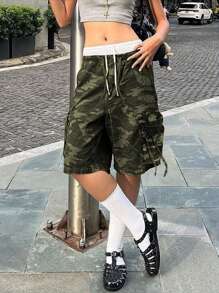 Women's Casual Camouflage Pattern Drawstring Waist Pocket Denim Shorts, Summer