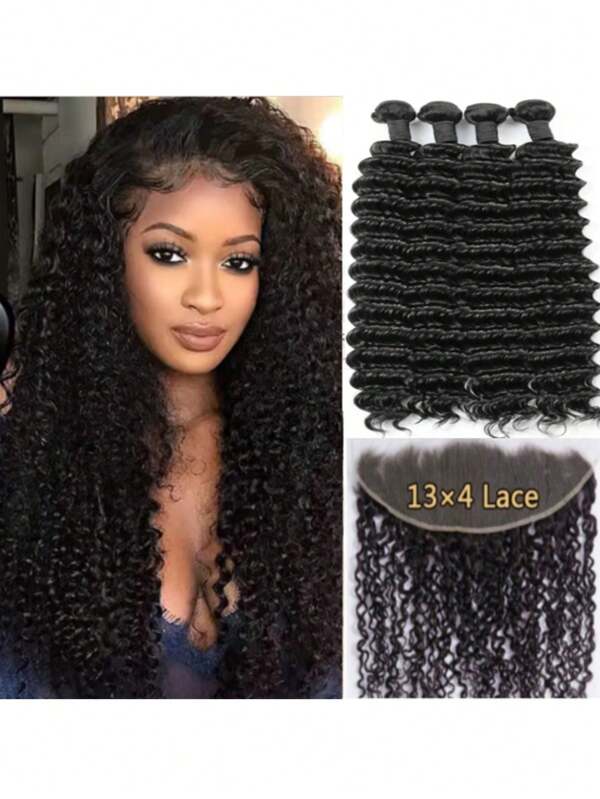 ZHENDEFA Cabelo humano crespo e cacheado, 4 pacotes com parte frontal 13x4, mechas de cabelo humano brasileiro 100% não processado com fecho, cor natural