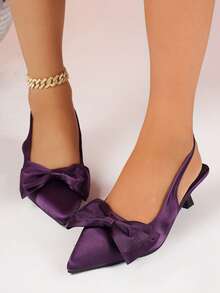 Elegant Black Slingback Kitten - Heeled Sandals With Bow Details. Applicable Scenarios: Suitable For Daily Commuting. Wearing These Sandals In The Office Can Showcase An Elegant Demeanor. They Are Also Ideal For Casual Dates. They Pair Well With Both Dresses And Pants, Adding A Touch Of Sophistication To The Overall Look. - Bow Purple - View 3