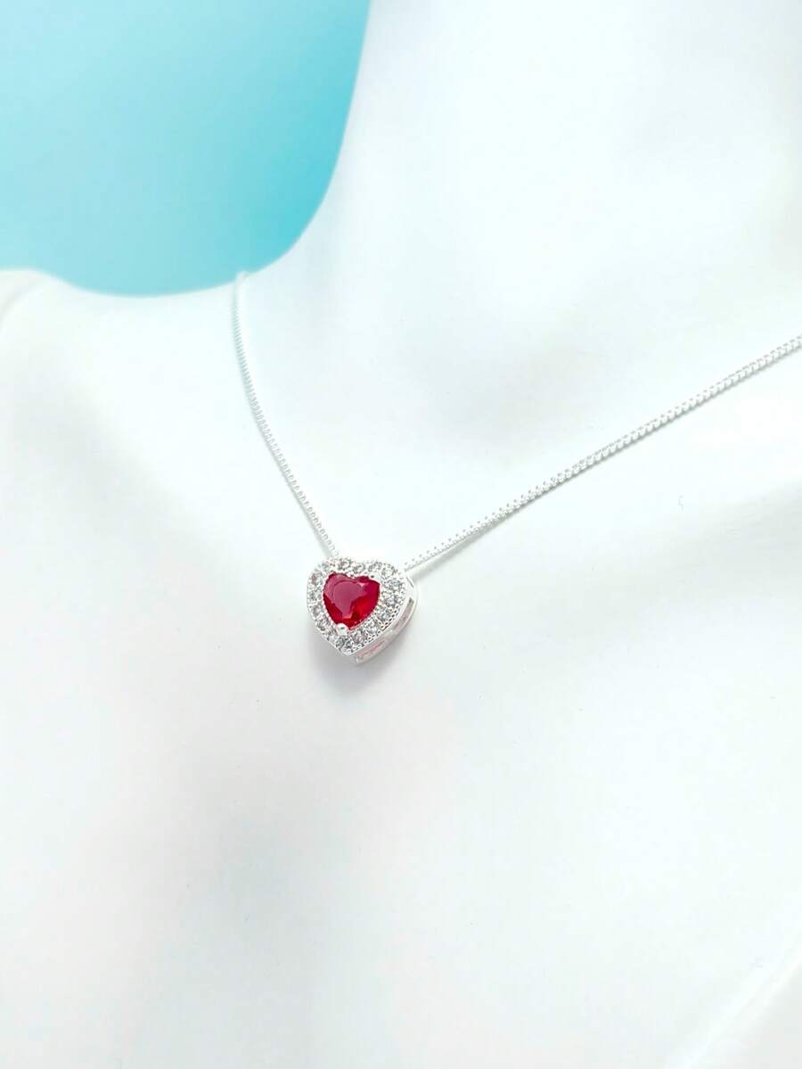 Luxury Necklace For Women, Semi-Jewelry, Heart-Shaped Zirconia Pendant With Rhinestones, 925 Silver Plated. - Red - View 1