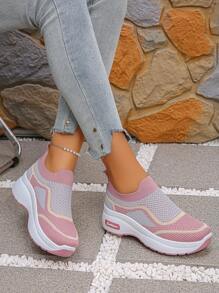 1 Pair Women Breathable Mesh Platform Wedge Sneakers With Non-Slip Sole, Comfortable Slip-On Casual Shoes