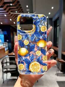 花朵清新蓝叶与柠檬图案设计手机壳，适用于 Apple 14/13 Pro Max/12 Pro/11/XR/XS/7/8 Plus、Galaxy S10/S22/A12/A50/A52/S24/A135G，TPU 材质带气垫
