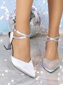 Damen Mode Block Absatz Mule Sandalen, simples Design Slip On Peep Zehen Pantoletten mit Klemm-Knöchelriemen, elegante silberne Klassiker Schuhe