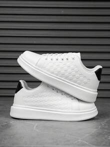 Men's Classic Black & White Contrast Color Block Lace-Up Casual Sport Sneakers, Niche Fashion Letter Pattern Comfortable Height-Increasing Couple Shoes - White and Black - View 5