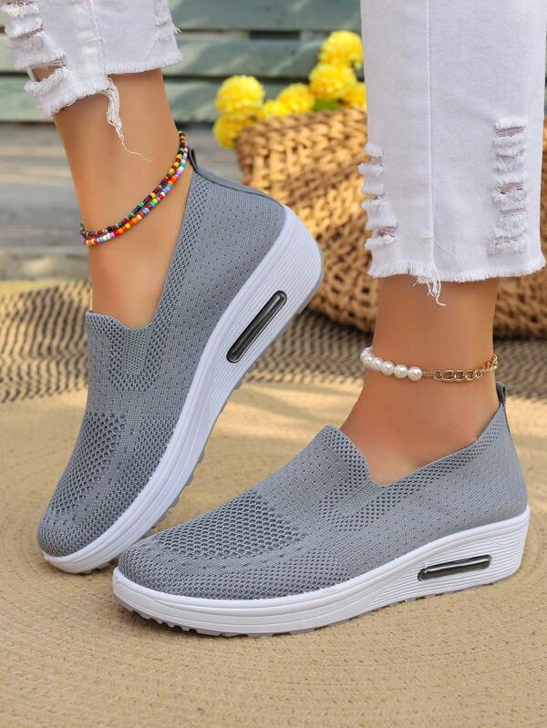 Tênis Esportivo Feminino Slip-On | Tecido de Malha de Cor Sólida | Solado de Amortecimento de Ar | Sapatos Esportivos Casuais de Top Baixo | Coleção de Primavera | Preto, Cinza Claro, Rosa, Azul Escuro