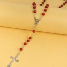 1pc High-End Niche Fragrant Wooden Bead Cross Pendant Necklace, Long Women Fashion Jewelry