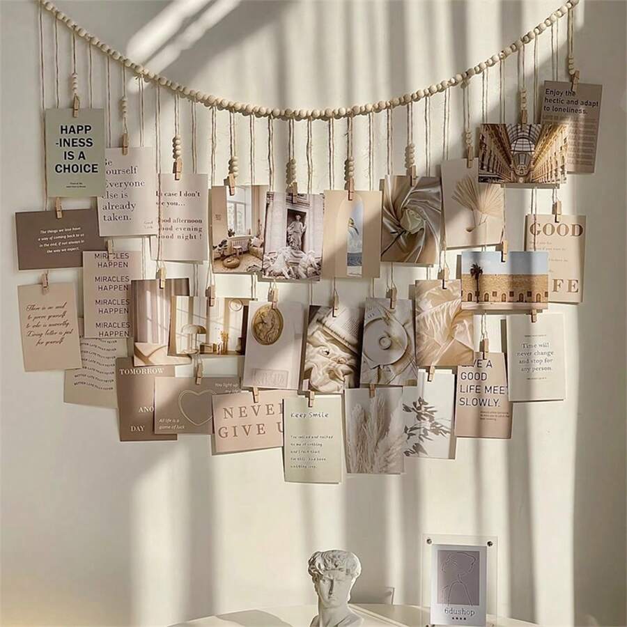 Bohemian Style Hanging Photo Display With Wooden Bead Wreath - Country Linen Wall Art For Dorm, Classroom And Bedroom | Natural Wood Frame Design, Attractive Room Decor, Perfect For Cherished Memories, Bohemian Home Decor - 彩色 - 查看 1