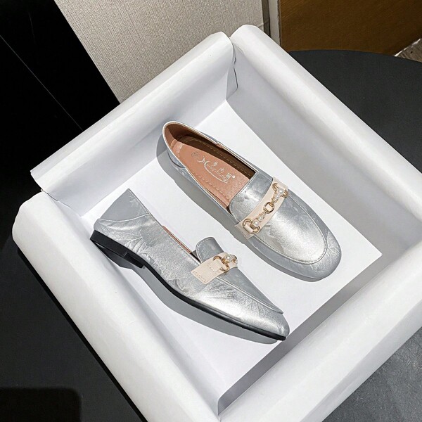 Mengshangli Pearl Decor Basic Flat Loafers, Square Toe Slip On, Classic English Style, Versatile For Casual, Party, Office, Outdoor, All Seasons